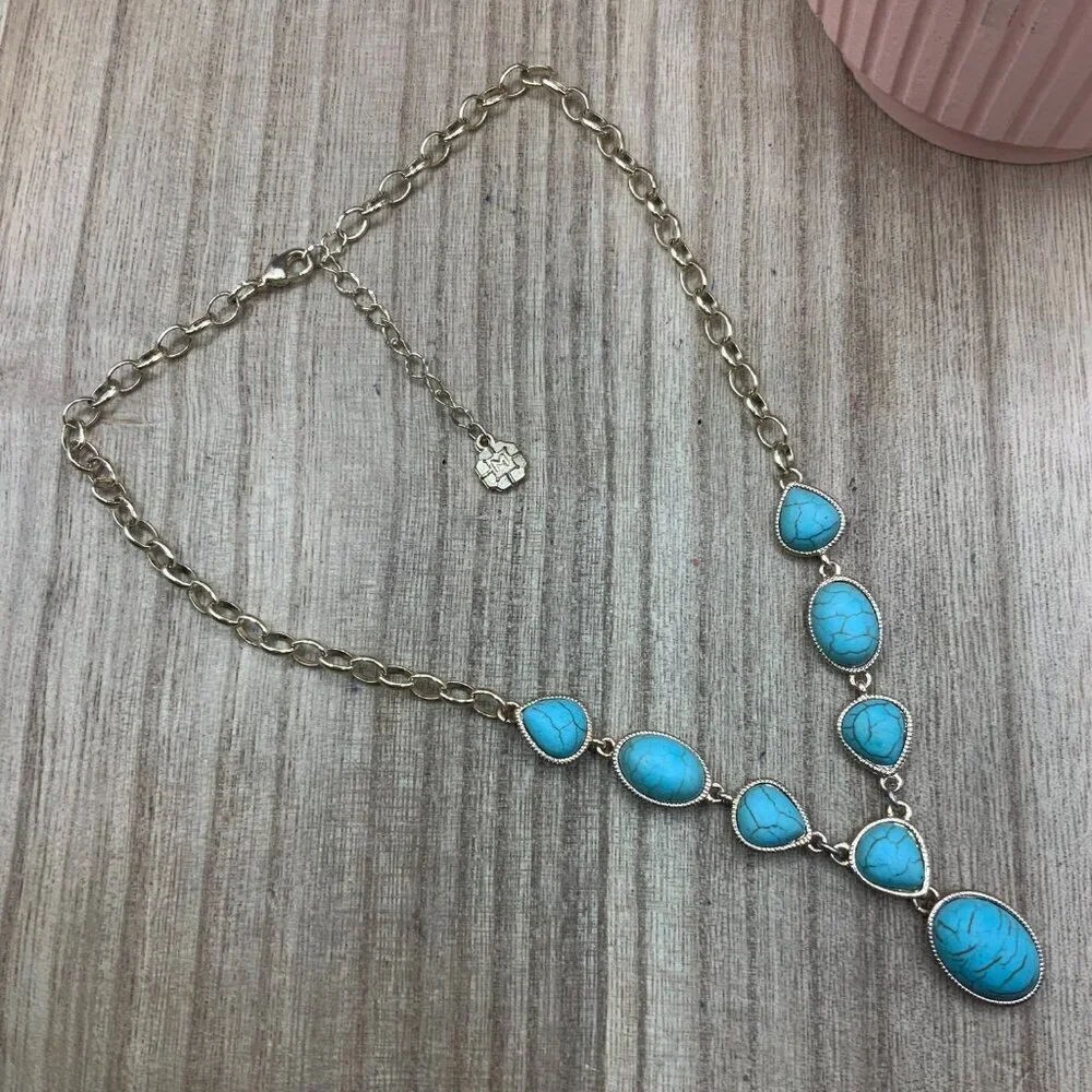 Monet Faux Turquoise Stone  Gold Tone Y  Necklace
